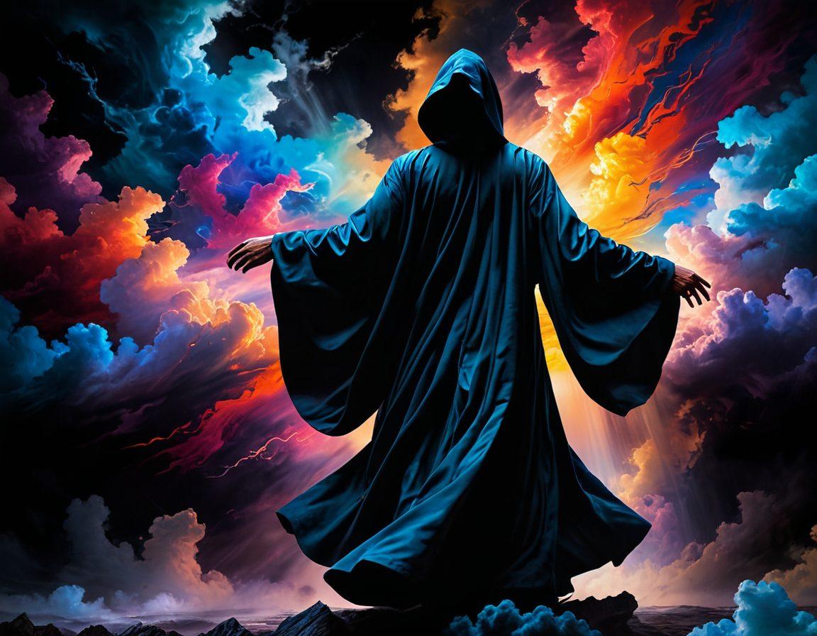 A striking juxtaposition of a shadowy figure emerging from dark, swirling clouds, with a radiant burst of light illuminating vibrant colors in the background. The figure, adorned with a flowing garment, expresses emotion through a flowing brushstroke style, symbolizing transformation and hope. Captivating abstract art elements intertwine, creating a sense of movement from despair to enlightenment. super-realistic. vibrant colors. 3D.