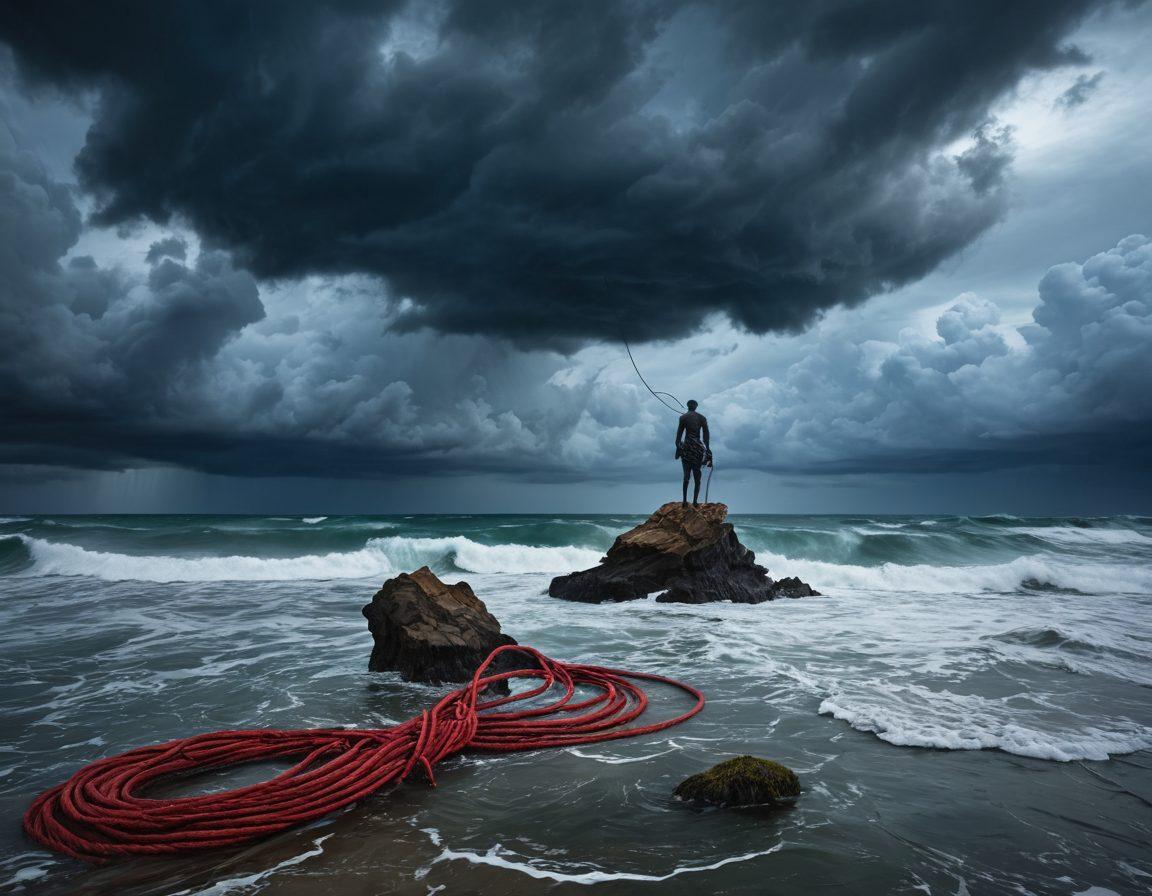 An evocative surreal landscape depicting a vast ocean with dark, swirling waters representing emotional turmoil. In the foreground, a figure struggling with tangled ropes, symbolizing creative sorrow, surrounded by haunting sculptures that reflect the pain of the artistic process. The sky is filled with turbulent, dramatic clouds, suggesting a storm is brewing. The color palette should consist of deep blues, dark grays, and vibrant reds to intensify the emotions conveyed. painting. vibrant colors.