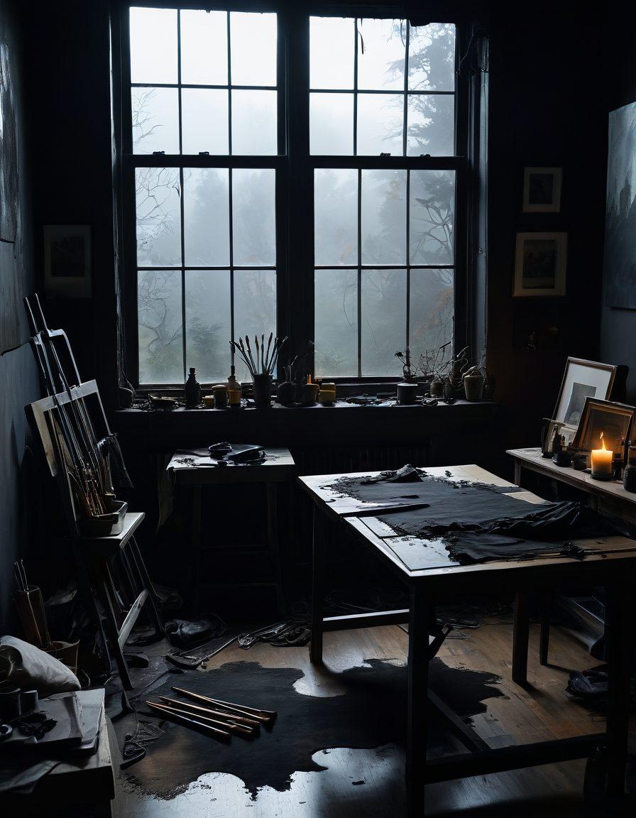A dimly lit art studio with a large, tattered canvas showcasing an eerie landscape filled with dark hues and twisted forms. Shadows loom across the room, emphasizing the emotional weight of the artwork. An artist’s palette with vibrant but somber colors sits beside scattered brushes, hinting at the struggle and turmoil of creativity. Wisps of fog creep in through an open window, adding to the haunting atmosphere. surrealistic art style. dark color palette. moody lighting.